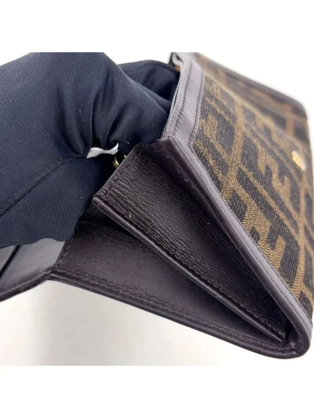Fendi Zucca Pattern Leather Canvas Brown Black Bifold Wallet Gold
